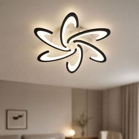 Plafonnier design pétales noir 5 têtes, fer et acrylique Ø60cm H8cm 54W pour chambre ou bureau (1/5)