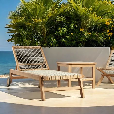 Wanda Collection – Bain de soleil en teck massif et corde – Longueur 203 cm – Largeur 68 cm – Hauteur 35 cm – 3 niveaux d'inclinaison