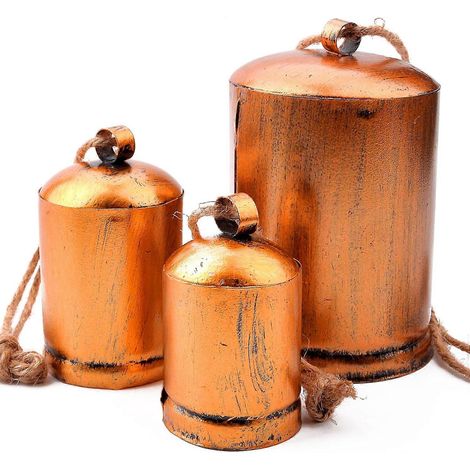Vintage-Weihnachtsglocken aus vergoldetem Messing, riesige Hängeglocken, rustikaler Stil, 3-teiliges Set.