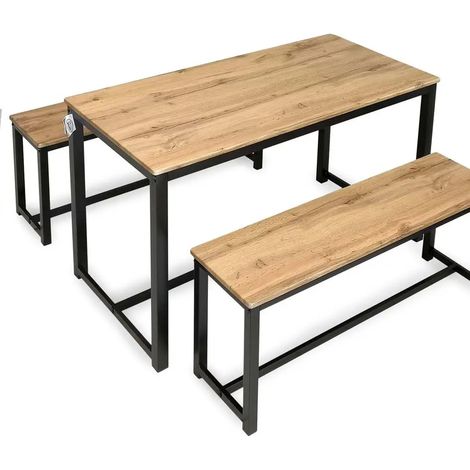 Esszimmer Set mit Tisch 120x60x74 cm und 2 Bänken 105x30x46 cm aus Naturholz