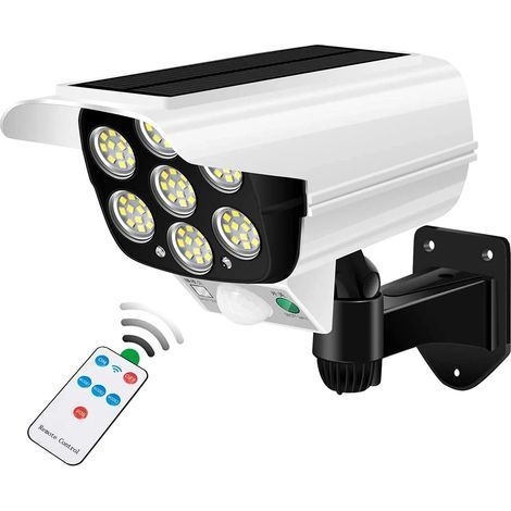 Solarbetriebener Außenstrahler mit Bewegungsmelder, 2000 Lumen, 77 LEDs, Fernbedienung, IP66 wasserdicht, drahtlose Attrappe einer Sicherheitskamera für Veranda, Garten, Terrasse, Einfahrt. (1/5)