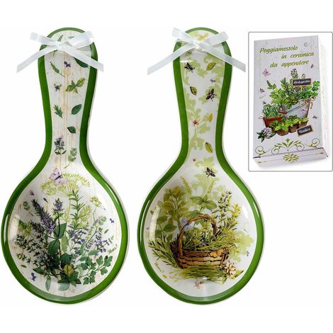 Poggiamestolo in ceramica decori erbe aromatiche e fiocco, in confezione regalo, set da 8 pezzi, cm 11,5 x 24,5 H