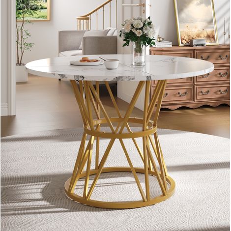 Tavolo da pranzo rotondo 100x100x76 cm in MDF effetto marmo oro, moderno per soggiorno FloraGrace (1/5)