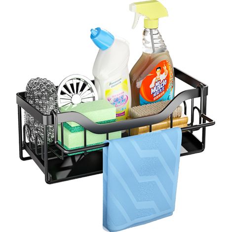 Porta spugna per lavello da cucina, organizer da parete per lavello da cucina con vassoio di scarico, contenitore con portasciugamani, porta spugna con adesivo (nero)