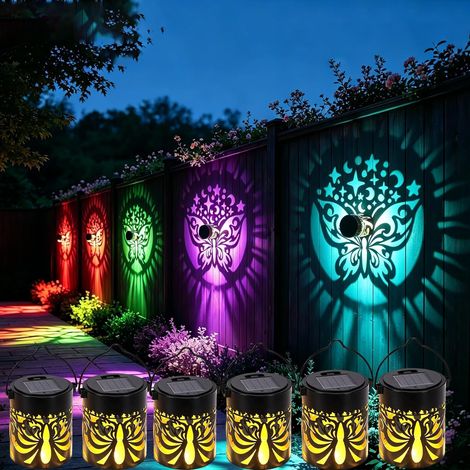 Lot de 6 lampes solaires murales – Projecteur décoratif, IP65 étanche – 7 couleurs changeantes, métal, motif papillon – Idéal pour patio, jardin et clôture (1/5)