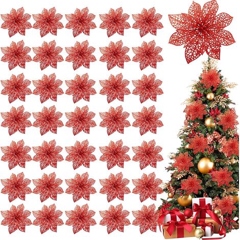 Lot de 36 Décorations Noël, Poinsettia Pailleté Or 10cm, Fleur Artificielle Plastique, Tige Intégrée, Sapin Couronne Guirlande (1/5)