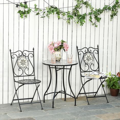 Ensemble de salon pour 2 personnes avec table en mosaïque et chaises pliantes en métal avec carreaux de céramique multicolores