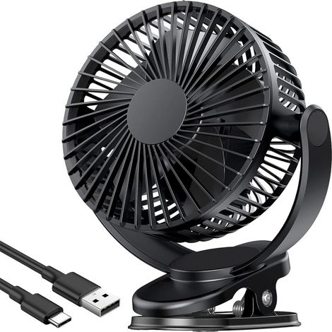 Ventilateur de bureau USB rechargeable à pince 5000 mAh, 3 vitesses, rotation 720° (1/5)