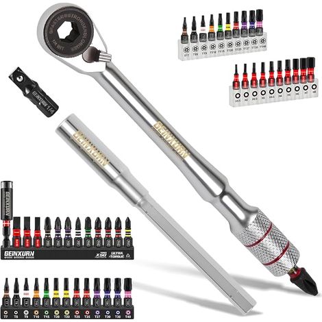 50 Pieces Mini Ratchet Wrench Set, Extension with 1/4 Inch Hex Socket Adapter, 46 Pieces 25 mm S2 Steel Magnetic Bits Set (Phillips/Pozidriv/Torx/Hex) and Bit Holder (1/5)