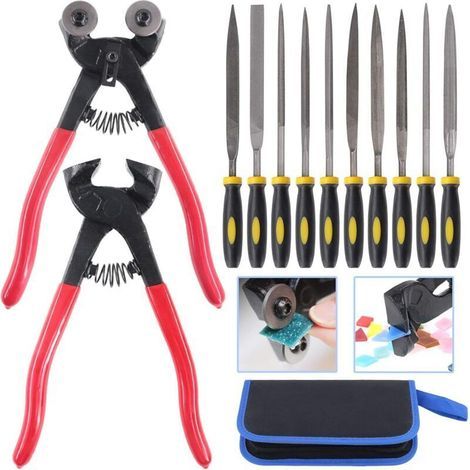 Set of 12 mosaic tools, glass mosaic nippers with wheels and tile cutters with 10 high-strength needle-punched files (1/4)