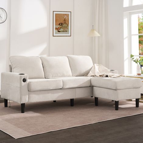 Canapé d'angle 3 places 202 x 70 x 80 cm avec repose-pieds, USB, Type-C, 2 porte-gobelets, lin, beige (1/5)