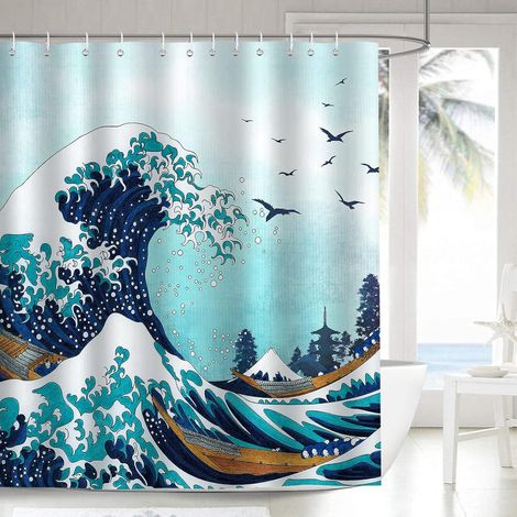 Rideau de Douche Vague Japonaise Kanagawa 180 x 200 cm Rideau de Bain Tissu Polyester Anti Moisissure Imperméable Lavable Rideaux Salle de Bain avec 12 Crochets pour Baignoire (1/5)