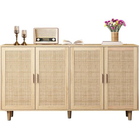 Meuble de rangement décoratif en rotin 4 portes, 158cm, élégant et fonctionnel, pour chambre, salon, bureau armoire à étagères en osier avec portes, meuble haut de rangement design (1/5)