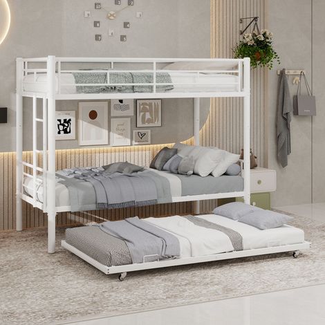 Lit superposé 90x190 cm en métal blanc, transformable en 2 lits simples, avec échelle et barrières de sécurité, sans matelas ni sommier (1/5)