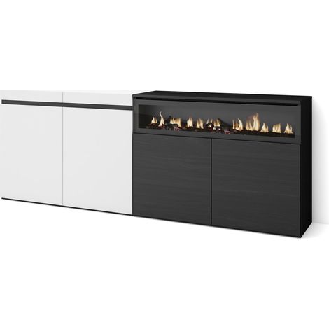 Skraut Home - Aparadores para salón, Gran capacidad de almacenaje, 200x75x35cm, 4 Puertas, Chimenea eléctrica, Estilo Moderno, Blanco y negro (1/5)