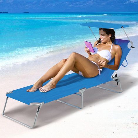 Lettino Prendisole Pieghevole Mare Spiaggia Sdraio con Tettuccio Parasole Blu (1/4)