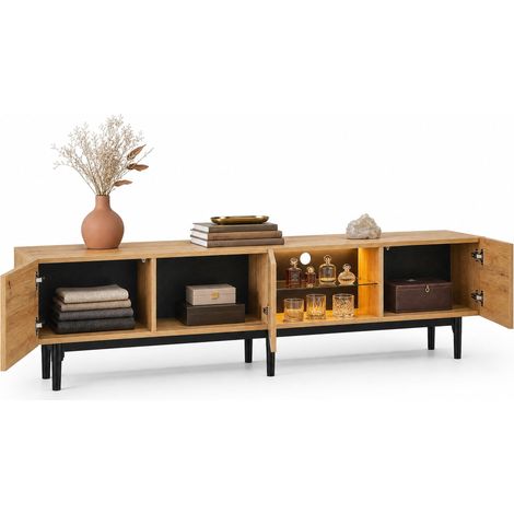 Mueble TV LED de madera clara y MDF con iluminación ambiental multicolor controlable por app, tres armarios, gran espacio de almacenaje y 50 kg de carga - CHICFURN (1/5)
