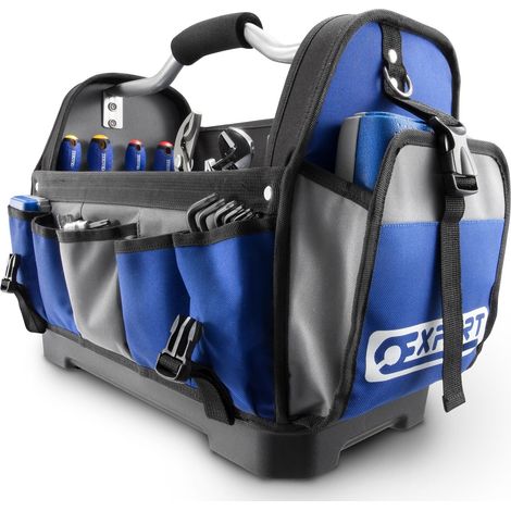 Expert – Sac à outils textile 600D – Poches élastiques – Capacité 10 kg – Rangement ajustable pour scie – Poignée en acier robuste (1/10)