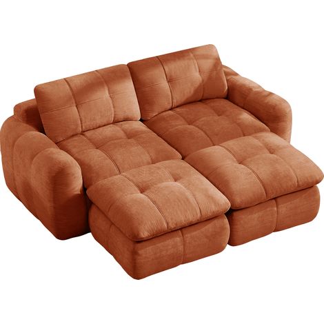 Divano modulare senza struttura a 2 posti in ciniglia arancione con 2 pouf (1/5)