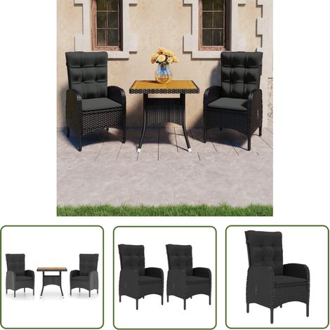 The Living Store 3-tlg. Garten-Essgruppe Poly Rattan und Akazienholz Schwarz - Gartentisch - Esstisch - Gartenmöbelset - Outdoor Möbel - Rattan Gartenmöbel (1/5)