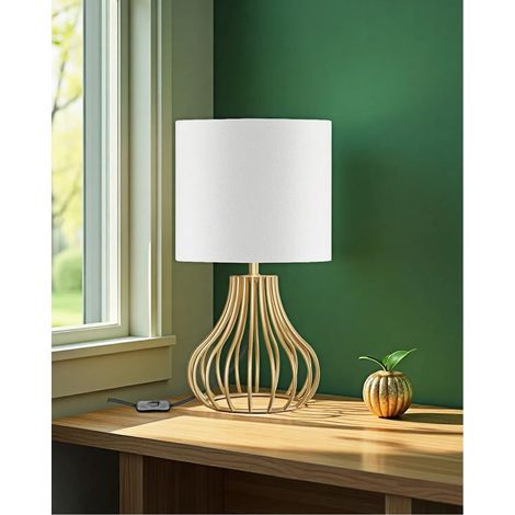 Small Modern Bedside Lamp, White and Gold with Wire Living Room Table Lamp, Metal Table Lamp, Linen Lampshade, 1 x E27 4W LED Bulb Included, for Scandinavian Bedroom (1/5)