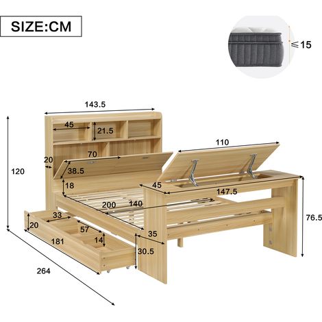 Lit, structure pliante, extensible, rangement intégré, avec tiroirs, 264 x 147,5 x 120 cm, bois, bois naturel (1/5)