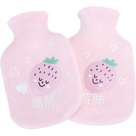 Bouteille d'eau chaude en caoutchouc 2 pièces, motif cartoon, flanelle épaisse, 350ml (Rose clair) (1/5)