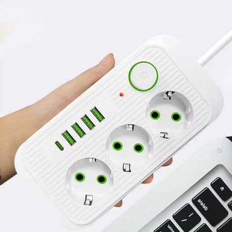 Multiprise filaire, prise de courant standard européenne 10A 2500W, avec 3 prises, 4 ports USB, 1 port Type-C et un câble de 2 mètres (blanc)