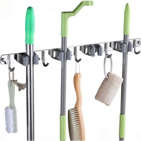 Porte Balai Mural Accroche Balai En Acier Inoxydable, Support Cintre De Rangement Pour Cuisine, Buanderie (4 Clips Et 5 Crochets)