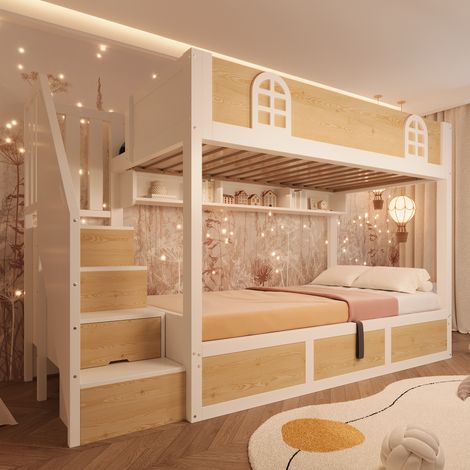 Lit superposé enfant 90x200 escalier avec rangements et tiroirs intégrés - bois blanc et naturel - blanc et naturel (1/5)