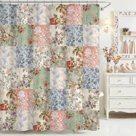 Rideau de salle bain 180×200 cm style bohème imprimé fleurs rétro tissu imperméable accessoires inclus (1/4)