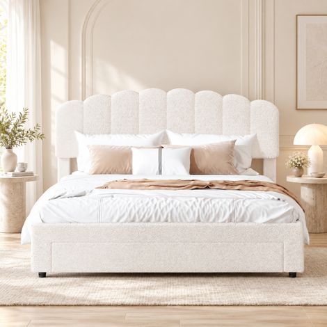 Lit 140x200 cm - Grand tiroir de rangement - Tête de lit réglable - ports USB et Type-C - lit double rembourré - Sommier à lattes - Style scandinave (1/5)