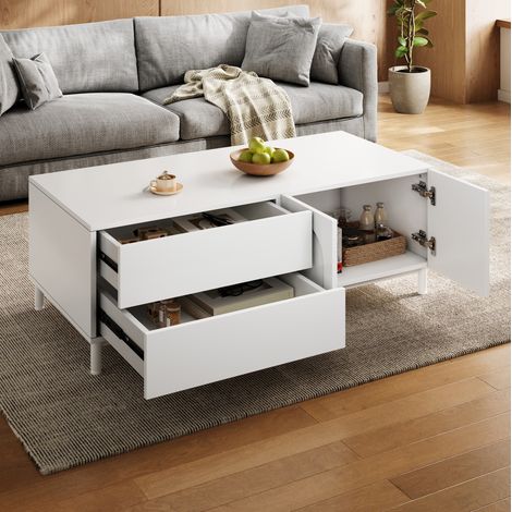 Mesa de centro (100x50x39.5 cm), con dos cajones y dos puertas, almacenamiento cerrado, MDF y tablero de partículas blanco (1/5)