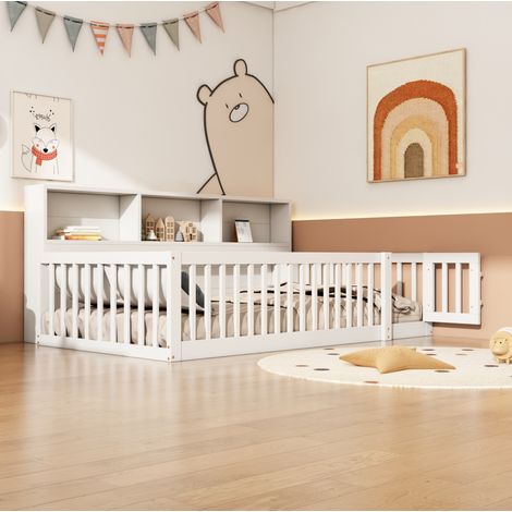 Letto bambini 90x200 cm con ripiani portaoggetti, sponda di sicurezza, rete a doghe, in pino, senza materasso, bianco (1/5)