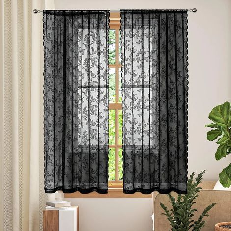 pièce de rideau en dentelle tulle translucide à broderie florale vintage passe-tringle cm 2 L100H 140 tissu noir (1/5)