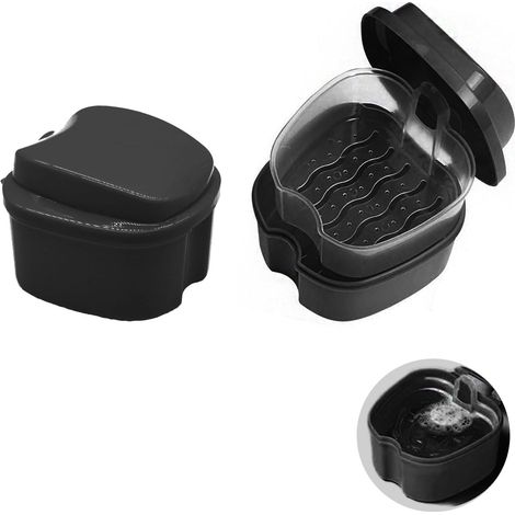 Boîte de rangement pour prothèses dentaires, 2 pièces, avec filtre pour dents, boîte de bain de nettoyage, boîte pour appareils orthodontiques, noire (1/4)