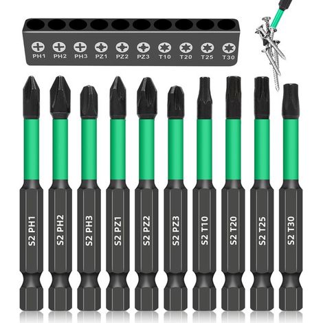 Juego de 10 piezas, Juego de puntas de destornillador, Apto para uso profesional, Puntas Torx, Allen y magnéticas, Con base, 70 mm, 1/4 pulgada (1/5)