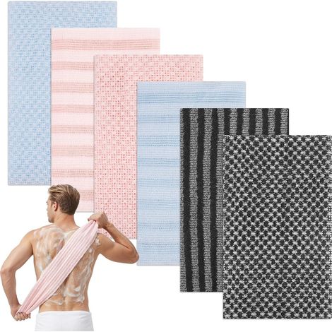 6 Pièces Serviette Exfoliante Douche, 100 cm Serviette Exfoliante Japonaise Dos pour la Douche, Serviette de Douche Exfoliante pour Les Peaux Sensibles et Rugueuses(3 Couleurs)