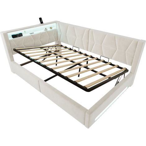 Cama tapizada con canapé 140x200 cm de terciopelo beige con LED, USB y Type-C (1/5)