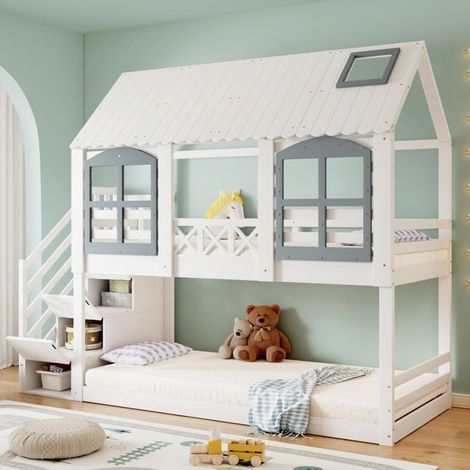 Lit superposé enfant 90x200 avec toit, fenêtre, barrière et 3 casiers dans l'escalier - pin/MDF blanc/gris (1/5)