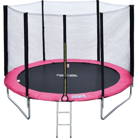 Happy Garden – Trampoline rond 245cm – Charge max 50kg – Filet de protection 163cm – Échelle et kit d'ancrage inclus – Housse de protection réversible rose/gris