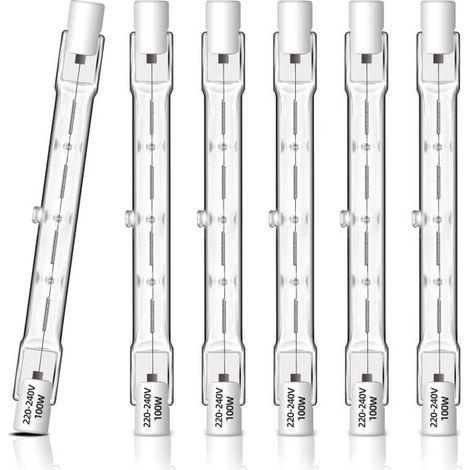 Confezione da 6 lampadine alogene dimmerabili R7S da 118 mm, 100 W, lineari, luce bianca calda 2800K, AC 230V, attacco J118, ideali per faretti e lampade da terra (1/5)