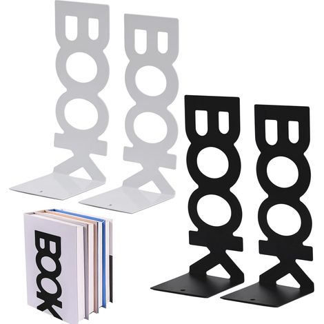 Serre-Livres Design Blanc et Noir en Métal - Lot de 2 Paires, Moderne et Esthétique, pour Livres, DVD, CD, Magazines