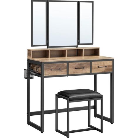 Vasagle – Coiffeuse enfant Zaza avec table, chaise et miroir – Dimensions 90 x 40 x 141 cm – Design brun-noir élégant – Rangement avec tiroirs