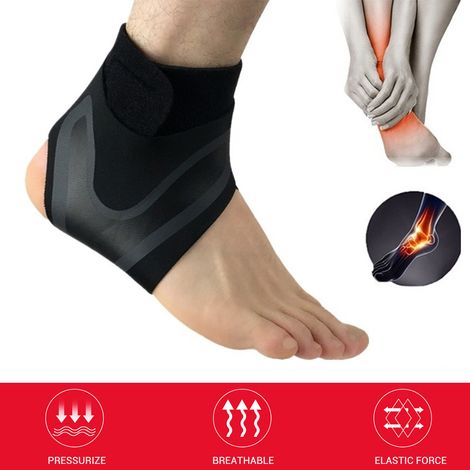 Attelle cheville gauche noire taille L, orthèse légère en polyester élastique respirant, prévention entorse et maintien articulaire.