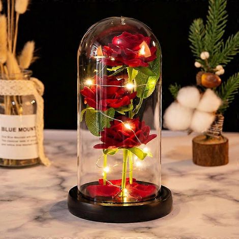 Bouquet de roses artificielles « Amoureux immortels » style simulation, bûche LED en verre, cadeau d'anniversaire, fleurs artificiellespétale noir (1/5)