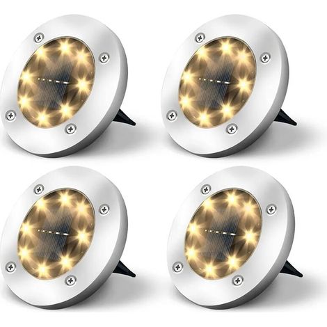 Spots solaires encastrés au sol pour la décoration de jardin, de pelouse et d'aménagement paysager (lot de 4, lumière blanche chaude) (1/5)