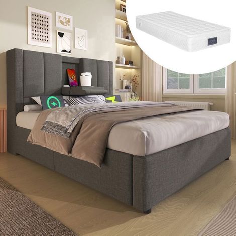 Lit Coffre 90x200cm avec Porte-Gobelet Caché et USB-C - Lit 1 Place - Rangement Hydraulique, Matelas 7 Zones H3, Gris (1/5)