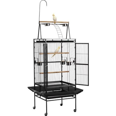 Cage Oiseau 83x79x210 cm Volière Oiseaux Toit Plat Ouvert Cage Perroquet sur Pied Roues pour Mésange Bleue Calopsitte Canari Perruche Ondulée Conure, avec Perchoirs Plateau Coulissant Mangeoires (1/5)