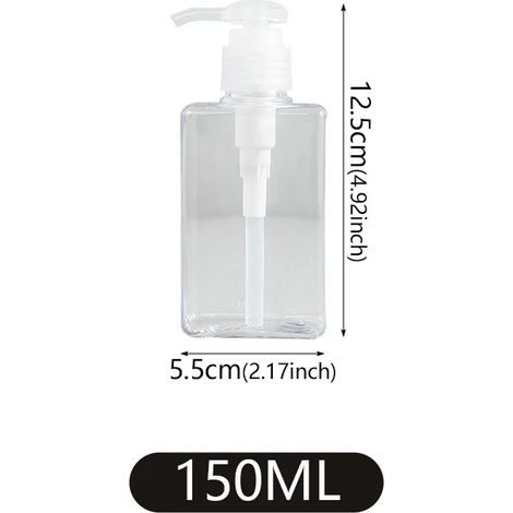 Flacon carré portable (transparent 150 ml) pour savon liquide mains, shampoing et corps. Flacon pompe à mousse rechargeable. Accessoires de salle de bain. (1/5)
